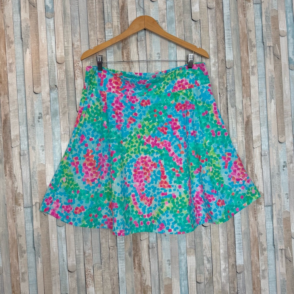 Vintage XL Colorful Swim Beach Skirt Circle Swing Pull On Preppy Sea Waves 80s